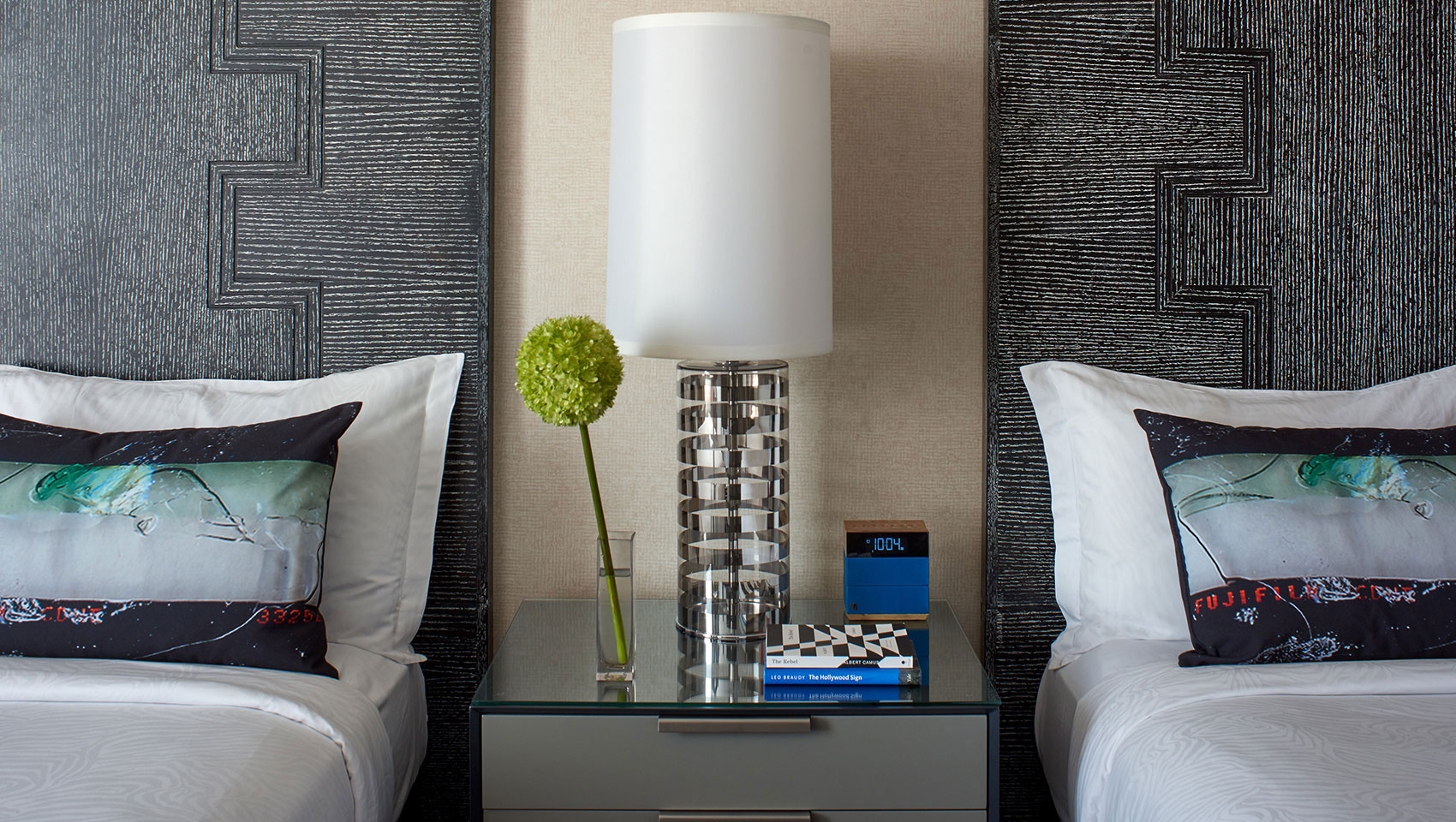 Close up of guestroom with 2 double beds, a night stand between them, at Kimpton Hotel Palomar Beverly Hills